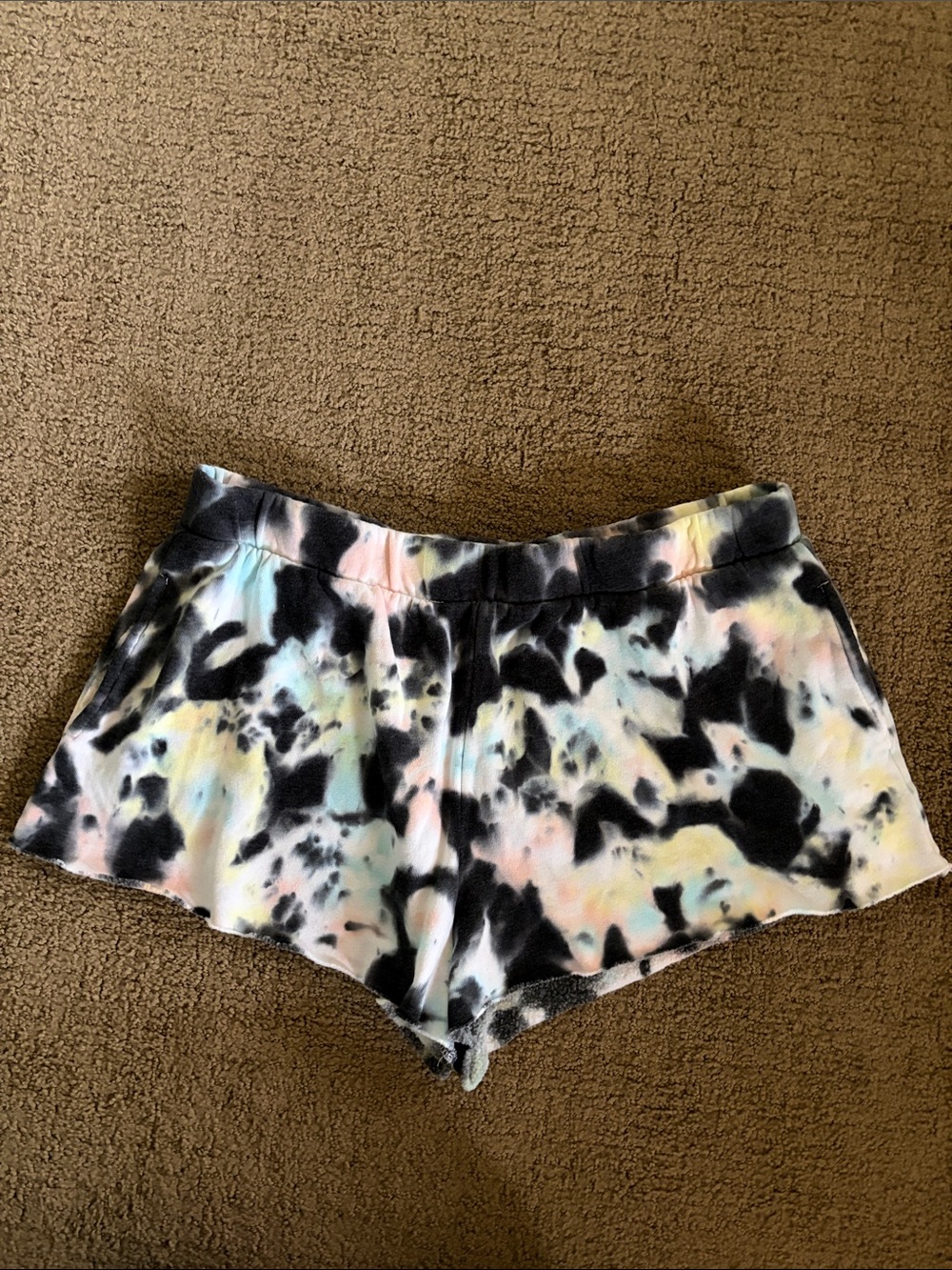 Colsie Tie-Dye Plush Sleep Shorts in Black with Pastel Pink, Blue & Yellow